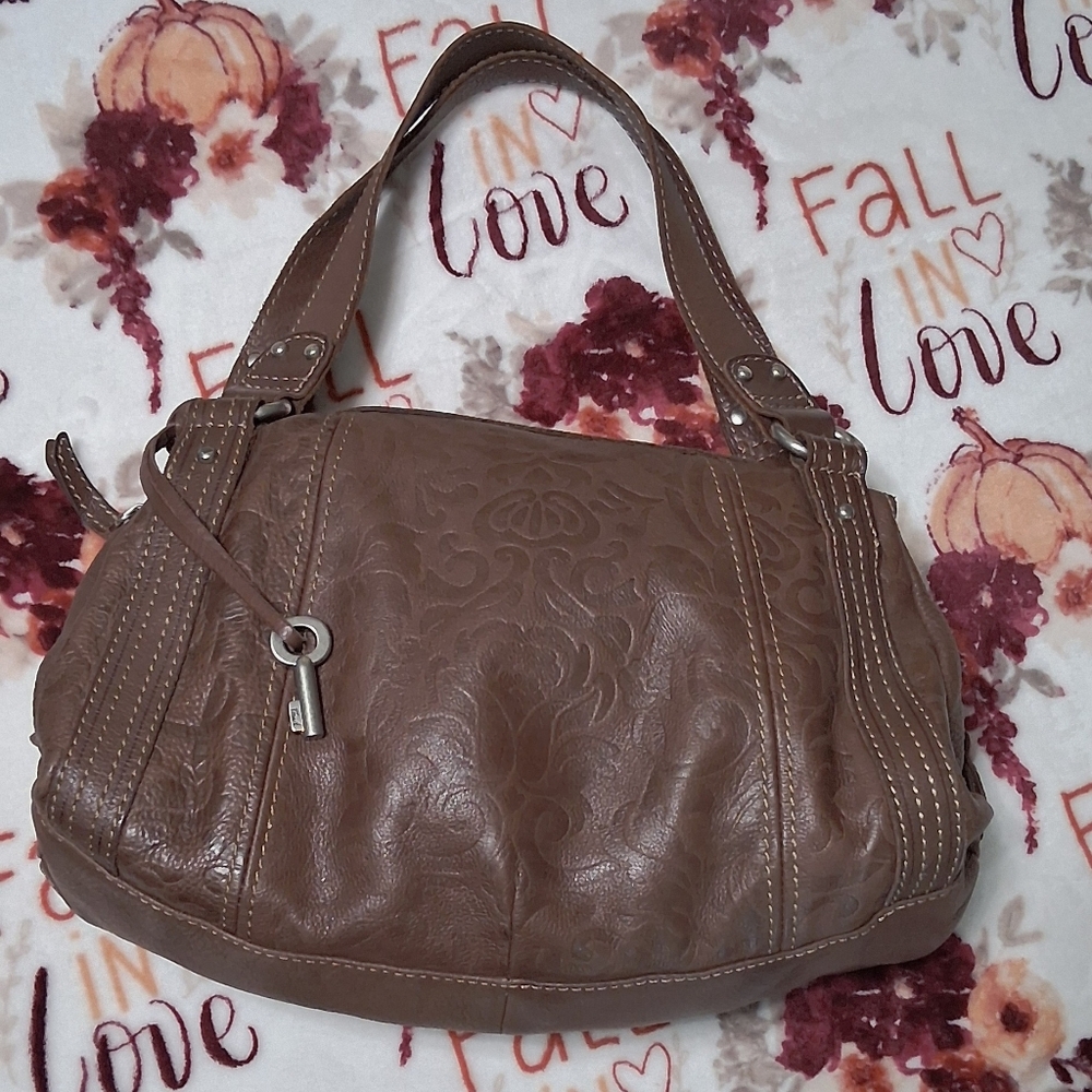 Fossil Vintage Brown Satchel Embossed Paisley Tooled Leather